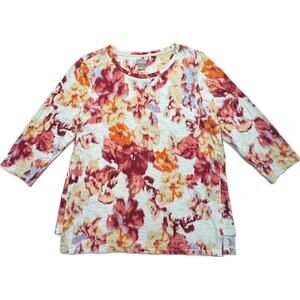 Chico's Popover Cottagecore Scoop Neck 3/4 Sleeve Floral Top Women L Pink Ivory